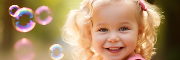 Obraz premium Happy little blonde girl playing with soap bubbles. Sunny day summer outdoor background. Wide panoramic banner.
