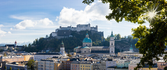 Aerial view of Salzburg Cathedral . Cathedral of Saints Rupert and Virgil and Salzburg fort .
