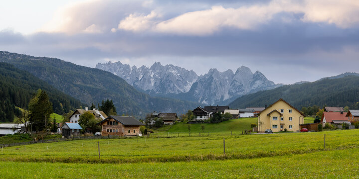 Panoramic view of scenic Gosau village in the middle of Alps mountains in Austria.
