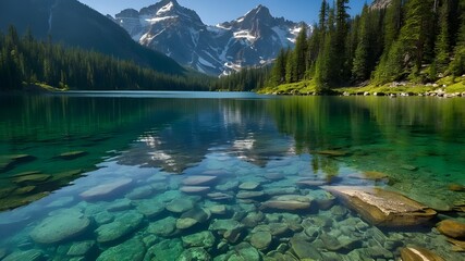 Tranquil Mountain Lake Enveloped in Soft Mist: A Scenic Escape, Green Lake Partially Frozen Over in Winter: A Serene Winter Wonderland, Vibrant Green Lake Between Mountains: A Nature Lover's Paradise,