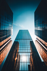View of tall building from the ground looking up.