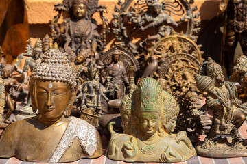 Hindu and Buddhist god antiques statues at display in Jaisalmer fort, Rajasthan.
