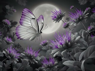 Butterfly and Purple Flowers under Moonlight