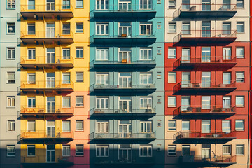 Row of multicolored apartment buildings with balconies.