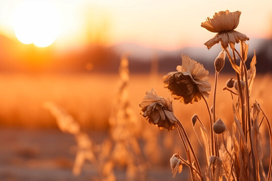Field of flowers with the sun setting in the background.