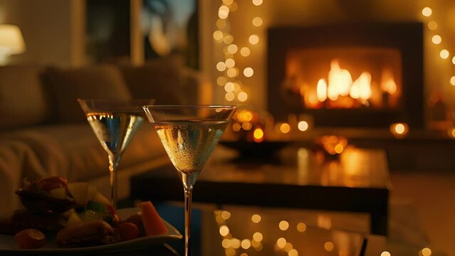 A cozy fireplace and dimly lit room where a group of friends gather to enjoy a virtual nonalcoholic cocktail party complete with fancy mocktails and fancy hors doeuvres.