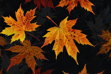 Fototapeta premium Autumn maple leaves on a carbon black background. Vibrant fall colors create a striking contrast, 