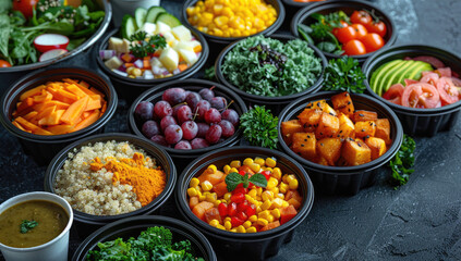 Various types of fruits in a black bowl. Created with Ai