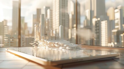 Hyper Realistic 3D Smart Cityscape Emerging from smart device Screen, Futuristic concept