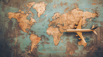 The top view of a commercial white airplane and black tail is flying above a world map