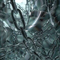 Artistic stock image with an intriguing interplay of delicate glass and solid industrial chains, highlighting the contrast between subtlety and strength