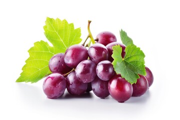 Bunch of juicy red grapes with green leaves