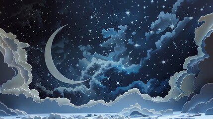 Beautiful and intricate paper cutout of the universe, with detailed constellations and a crescent moon, capturing the elegance of the astronomical night sky