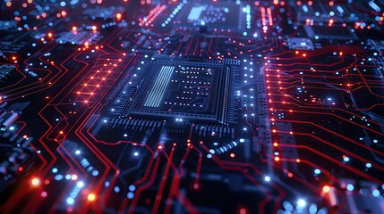 Obraz premium Randomized hi-tech backdrop with pulsating LED lights and intricate microchip designs creating a dynamic, digital aesthetic