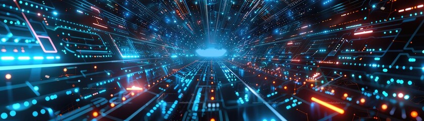 Randomly arranged futuristic backdrop featuring cybernetic textures, glowing fiber optics, and digital symbols