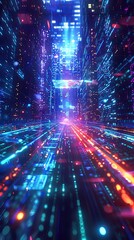 Obraz premium Bright, energetic high-tech backdrop with dynamic, colorful lights and animated holograms, exuding a sense of happiness and fun