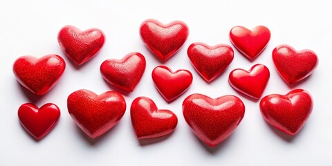 Red glossy 3D hearts are neatly aligned on a smooth white background.