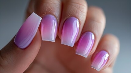 Hand with gradient pink and purple manicure. Close-up studio photography. Beauty and personal care concept for design and print.