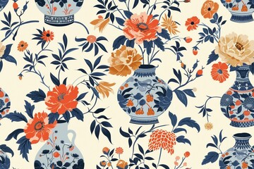 Seamless Pattern with Exotic Flowers and Vases
