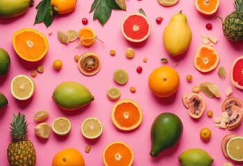 banana made creative summer pineapple grapefruit tropical concept orange background lemon papaya lay melon fruits kiwi watermelon mangosteen flat layout flowers pink