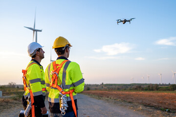 Diverse ethnicity male technicians working in the wind turbines field. 