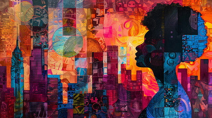 Abstract artwork of a woman exploring a city's architecture, using bright colors and dynamic patterns