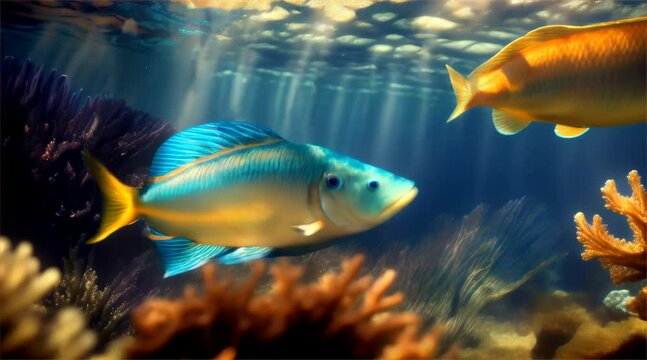 Underwater scene featuring a vibrant coral reef teeming with colorful fish in the deep blue sea