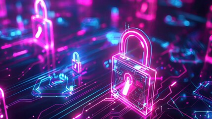 Futuristic neon lock background with glowing digital padlocks and circuitry patterns, creating a high-tech security aesthetic