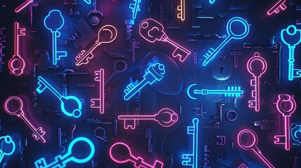 Neon key background featuring glowing keys of various shapes and sizes, scattered against a dark, futuristic backdrop