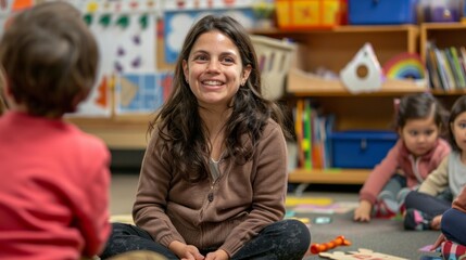 A woman is sitting on the floor with a group of children