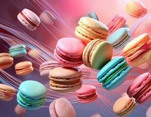 Obraz premium Various colorful of macarons floating in the air with motion blur pink background 