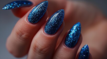 Hand with blue glitter manicure. Close-up studio photography. Beauty and personal care concept for design and print.