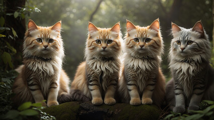 Four cats with long fur are sitting on a tree branch looking at the camera.

 - Powered by Adobe
