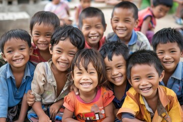 Group of happy asian children smiling and looking at the camera.