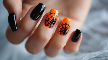 Hand with black and orange Halloween-themed manicure featuring spider web designs. Close-up studio photography. Holiday and festive concept for design and print.