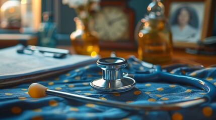 Obraz premium Side view of a classic stethoscope draped over a neatly folded lab coat.