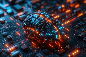 Artificial intelligence brain, digital circuitry, glowing blue and silver, hightech design, futuristic, detailed illustration