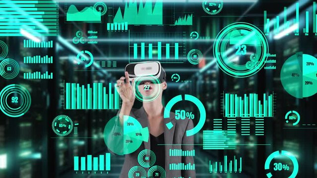 Businesswoman data searching dynamic market data scatter graph analysis monitor by VR future global innovation interface digital infographic network technology visual hologram animation. Contraption.