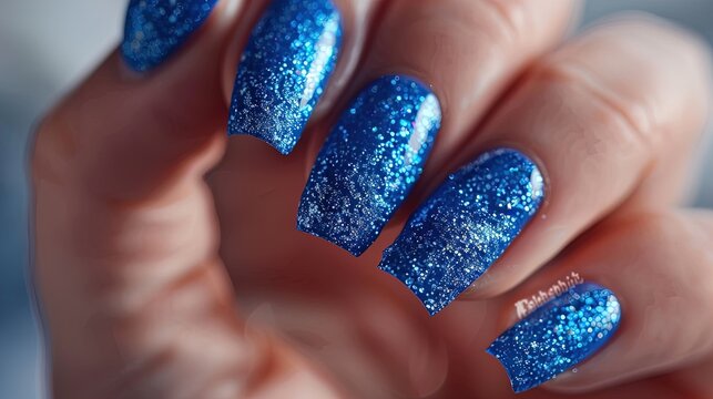 Hand with blue glitter manicure. Close-up studio photography. Beauty and personal care concept for design and print.