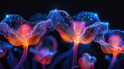 Bioluminescent plants, glowing in the dark, advanced biotechnology, vibrant colors, futuristic design, high resolution