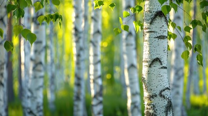 Obraz premium Birch forest with white trunks and green leaves, copy space