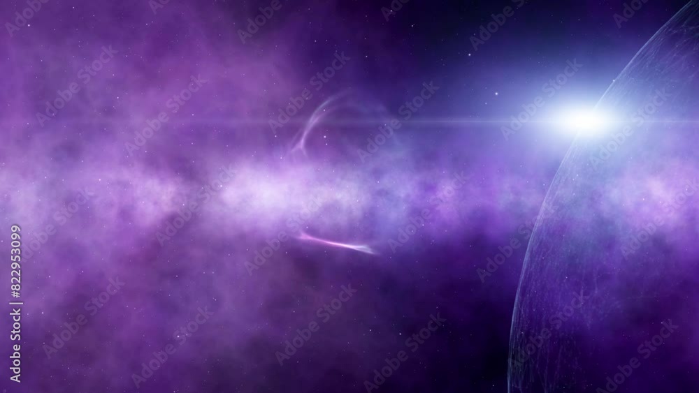 Poster loop futuristic nebula light with planet and stars animation.