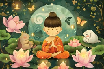 Illustration of young Buddhist praying for Vesak Day Greeting card , Vesak Day Background Wallpaper
