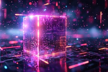 Fototapeta premium Blockchain smart contract, holographic display, digital signatures, advanced technology, vibrant colors, hightech, 3D rendering