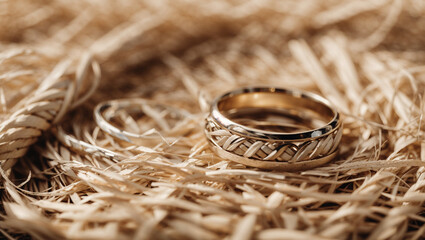 Two gold wedding rings are nestled in a bed of beige-colored straw.

