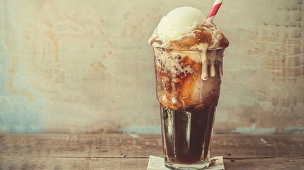 A vintage-style photograph of a root beer float. A tall glass filled with creamy vanilla ice cream, creating a foamy head. A red and white striped straw rests on the rim of the glass