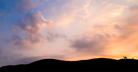 Islam Night Sky Moon Sunset Camel Desert Background Mubaruk Greeting Islam Ramadan Element Masjid Aqsa Hajj Kaaba Umrah Eid Arabian Religion Islamic Muhammad Arab Muslim Namaz Isra Miraj Quran Umrah.