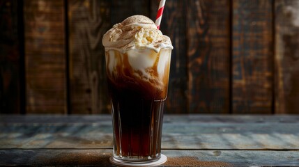 A vintage-style photograph of a root beer float. A tall glass filled with creamy vanilla ice cream, creating a foamy head. A red and white striped straw rests on the rim of the glass