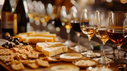 A nonalcoholic wine tasting event with a sommelier guiding guests through a selection of sophisticated alcoholfree wines paired with gourmet cheese and crackers.