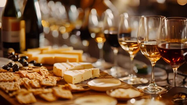 A nonalcoholic wine tasting event with a sommelier guiding guests through a selection of sophisticated alcoholfree wines paired with gourmet cheese and crackers.